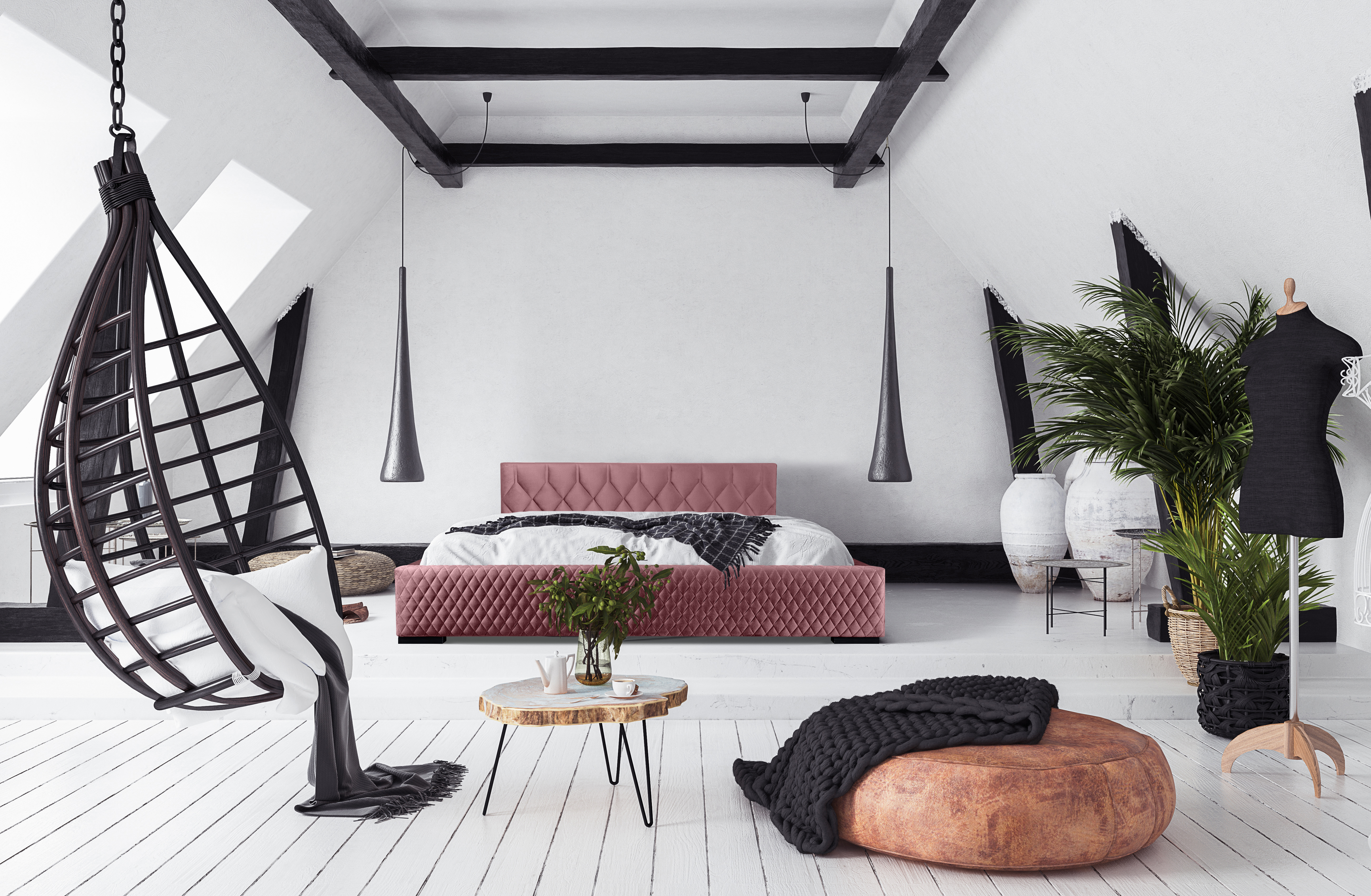 Modern open-plan apartment in attic, loft style, 3d render